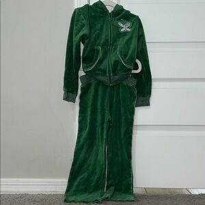 VINTAGE Y2K Green Velour Hooded Tracksuit Set with Butterfly Patch and Sparkles
